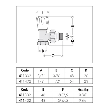Grzejnikowy ręczny zawór kątowy do rur stalowych 3/8"