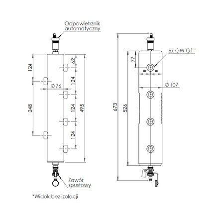 Sprzęgło hydrauliczne ocieplone BLH 850 z rozdzielaczem, 70 kW, 6x GW G1'', 2x GW G1/2'', odpowietrznik automatyczny, zawór spustowy