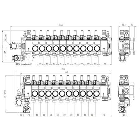 ProCalida CC 1 na 10 obiegów grzewczych, rotametry 0,75÷3,75 l/min