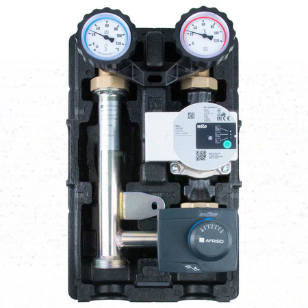 Grupa pompowa AFRISO PrimoTherm K 180-2 DN 25 WP 3-WM-SM GZ x GW 1 1/2'' x 1'', z zaworem mieszającym, z izolacją, z pompą obiegową Wilo Para SC 25/6, z siłownikiem arm 343 proclick
