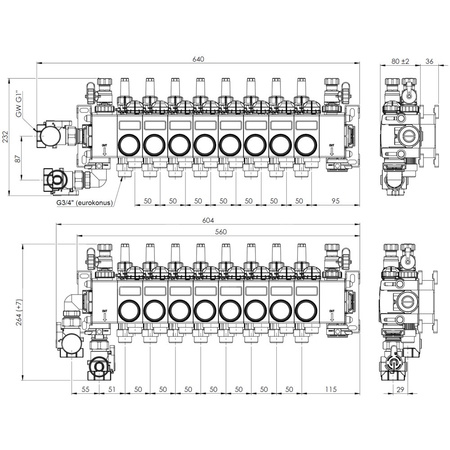ProCalida CC 1 na 8 obiegów grzewczych, rotametry 0,75÷3,75 l/min