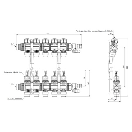 Rozdzielacz do ogrzewania podłogowego AFRISO ProCalida EF1 K 5-obieg. poliamid GZ 1'' x euroconus 3/4'' + przepływomierz + zawór napełn/spust