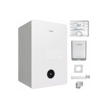 Pakiet - Kocioł gazowy dwufunkcyjny BOSCH TERMOTECHNIKA CONDENS GC5300iWT24/48 kondensacyjny wiszący 22 kW + Czujnik temperatury zewnętrznej + RegulatorCW400 + Zestaw powietrzno-spalinowy szachtowy2581+ Moduł sterowaniaK30RF + Zasobnik c.w.uwbududowany wę