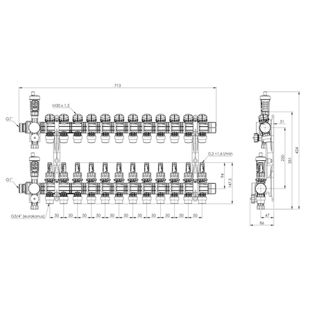 Rozdzielacz do ogrzewania podłogowego AFRISO ProCalida EF1 12-obieg. poliamid GZ 1'' x euroconus 3/4''