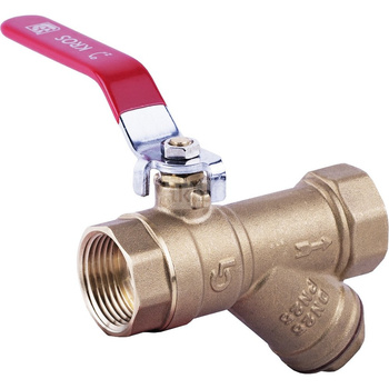 Zawór kulowy PERFEXIM KX06 mosiądz niklowany, PN10 1'' GW z filtrem skośnym, uchwyt: dźwignia