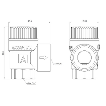 Zawór bezpieczeństwa AFRISO MSW sprężynowy mosiądz 6 bar GW x GW 1/2'' x 3/4''