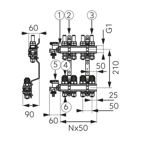 Rozdzielacz mosiężny z zaworami termostatycznymi i przepływomierzami, 14-drogowy