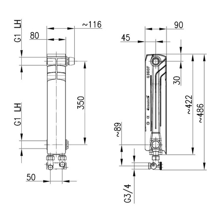 Grzejnik żeberkowy KFA Armatura G350F/D/1 aluminium, podłączenie dolne, prawe, kątowe 422 x 80 mm, kolor biały (RAL 9010)