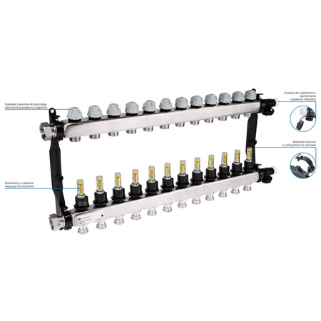 Rozdzielacz do ogrzewania podłogowego AFRISO ProCalida VA 1C 12-obieg. stal nierdzewna GZ 1'' x euroconus 3/4''