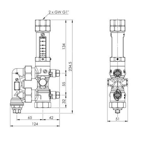Zespół armatury serwisowej AHS 500 do pomp ciepła, z filtrem siatkowym, z przepływomierzem 5÷42 l/min, przyłącza GW G1''
