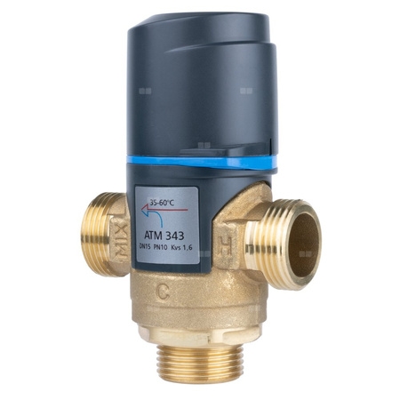 Zawór regulacyjny termostatyczny do wody ciepłej AFRISO ATM 343 mosiądz GZ 3/4'', DN 15, zakres temp. 35-60'C, Kvs 1.6 m3/h, maksymalna temperatura 90'C, maksymane ciśnienie 10 bar