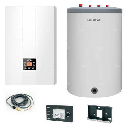 Pakiet - Kocioł gazowy jednofunkcyjny WOLF FGB-24 kondensacyjny wiszący 5.3 - 20.7 kW + Czujnik c.w.u. + RegulatorBM-2 + Zasobnik c.w.uLindo 120L
