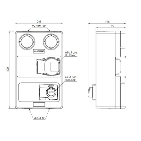 Grupa pompowa AFRISO PrimoTherm K 180-2 DN 25 WP 3-WM-SM GZ x GW 1 1/2'' x 1'', z zaworem mieszającym, z izolacją, z pompą obiegową Wilo Para SC 25/6, z siłownikiem arm 343 proclick