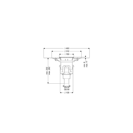 Wpust Practicus, DN50, odpł.pion., z nasadką Variofix i kratką/ramą nierdz. 138x138