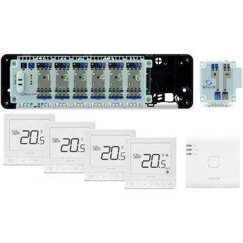 SALUS StartPack Premium - zestaw przewodowego sterowania ogrzewaniem podłogowym z zarządzaniem przez Internet: KL06-M, PL07, UG800, 4 xSQ610
