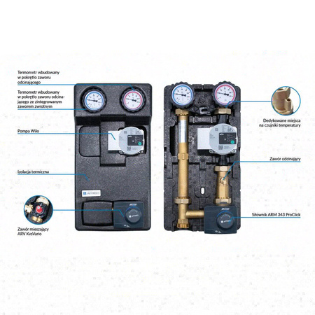Grupa pompowa AFRISO PrimoTherm 180-2 DN 25 WP 3-WM-SM Vario GZ x GW 1 1/2'' x 1'', z zaworem mieszającym, z izolacją, z pompą obiegową Wilo Para SC 25/6, z siłownikiem arm 343 proclick