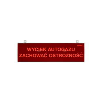 tablica ostrzegawcza "WYCIEK AUTOGAZU ZACHOWAĆ OSTROŻNOŚĆ", podświetlenie czerwone LED, wbudowana cicha syrenka, zasilanie 12/24V