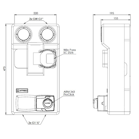 Grupa pompowa AFRISO PrimoTherm 180-2 DN 25 WP 3-WM-SM Vario GZ x GW 1 1/2'' x 1'', z zaworem mieszającym, z izolacją, z pompą obiegową Wilo Para SC 25/6, z siłownikiem arm 343 proclick