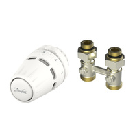 Zestaw termostatyczny kątowy składający się z cieczowej głowicy Regus™ RA oraz zaworu RLV-KB do grzejników dolnozasilanych. 