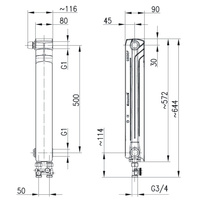 Grzejnik żeberkowy KFA Armatura G500F/D/1 aluminium, podłączenie dolne, lewe, proste 572 x 80 mm, kolor biały (RAL 9016)