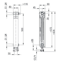 Grzejnik żeberkowy KFA Armatura G500F/D/1 aluminium, podłączenie dolne, prawe, kątowe 572 x 80 mm, kolor biały (RAL 9016)