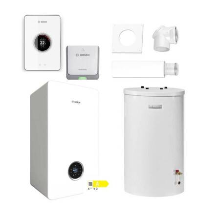 Pakiet - Kocioł gazowy jednofunkcyjny BOSCH TERMOTECHNIKA CONDENS GC5700iW24P kondensacyjny wiszący 25,2 kW+ Zestaw powietrzno-spalinowy 2581 (do szachtu) + Czujnik c.w.u. + Regulator CT200 (biały) + Moduł sterowania K20RF + Zasobnik c.w.u WST120-5O