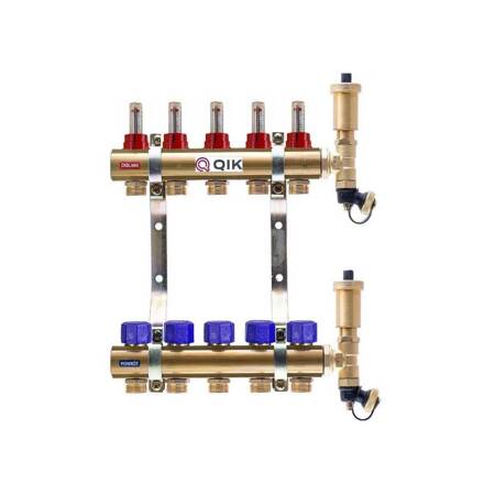 Rozdzielacz do ogrzewania podłogowego QIK STANDARD II TN 9-obieg. mosiądz GW 1'' x GZ 3/4'' + przepływomierz